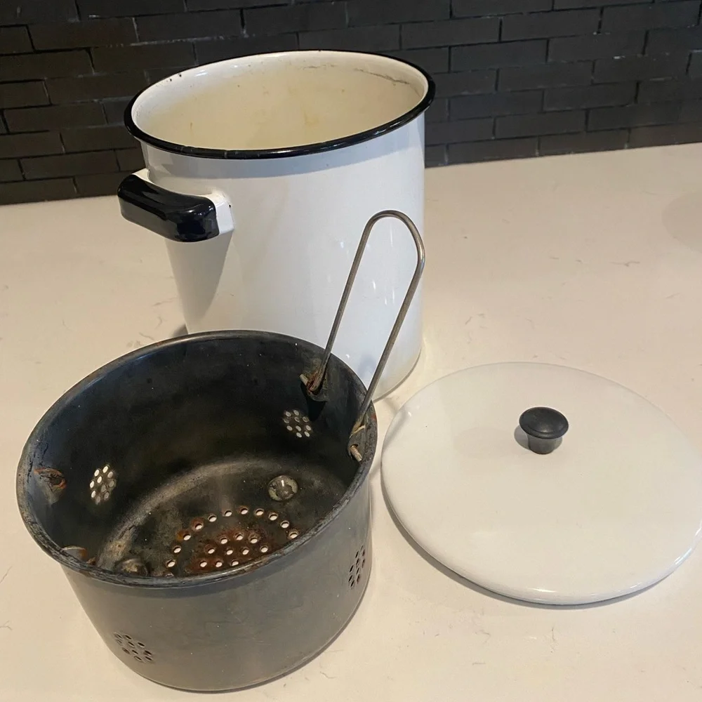 Vintage White Enamelware Pot Black Trim Lid Insert 3 Pc Complete Set Rare   MCM